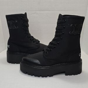 Celine Bulky Laced Up Boot In Nylon And Shiny Bull